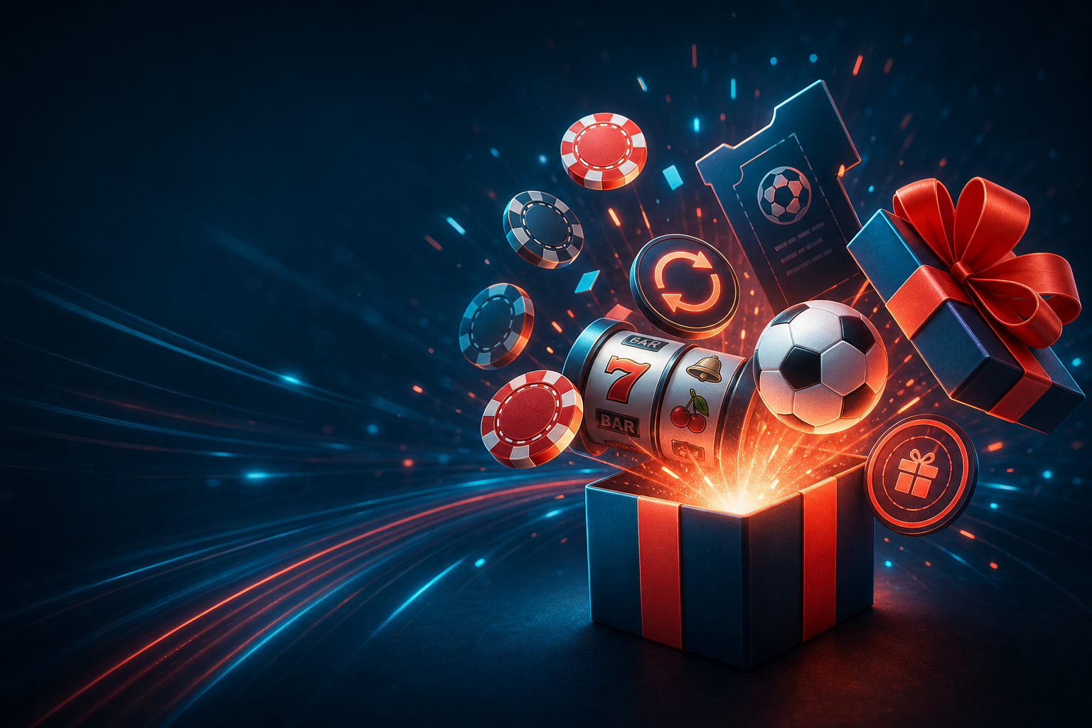LMCT Casino promotions represented by casino chips, sports equipment and digital reward tokens
