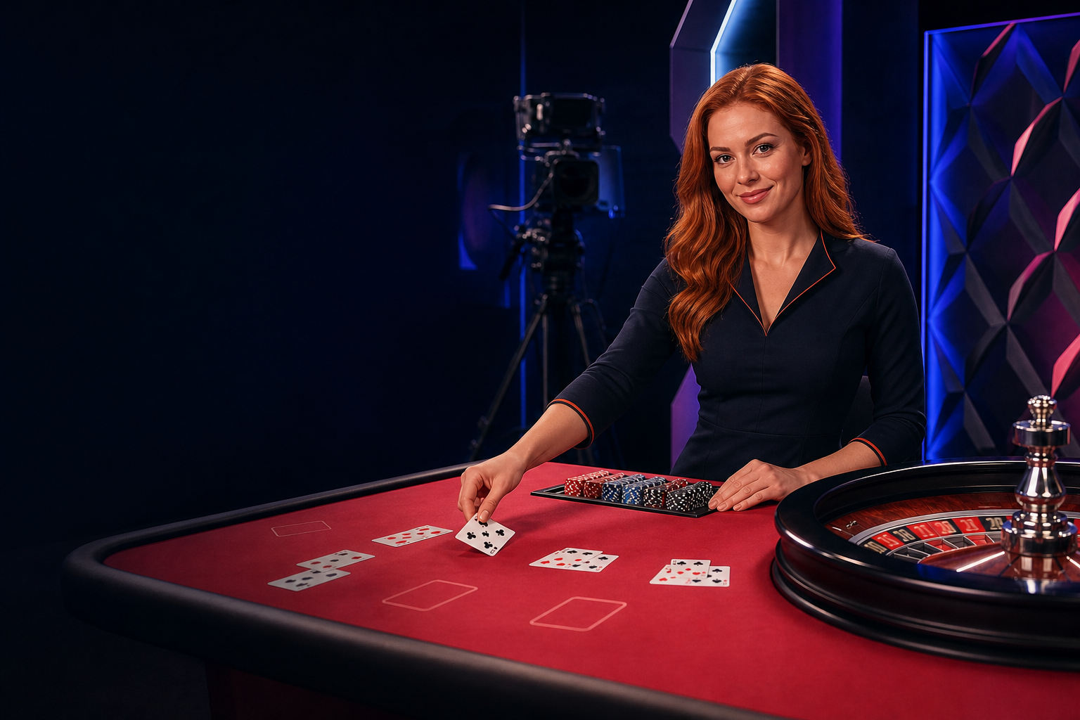 Live casino dealer presenting an online table game from a professional studio